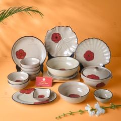 Bộ Bát Đĩa Bát Tràng Hoa Sứ Đỏ